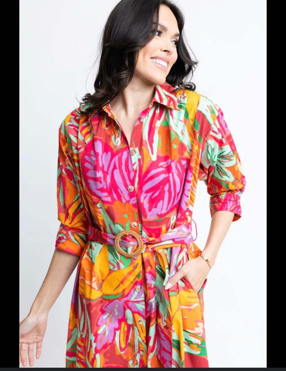 NWT Karlie Abstract Tropical Palm Shirt Midi Dress In Multi size L